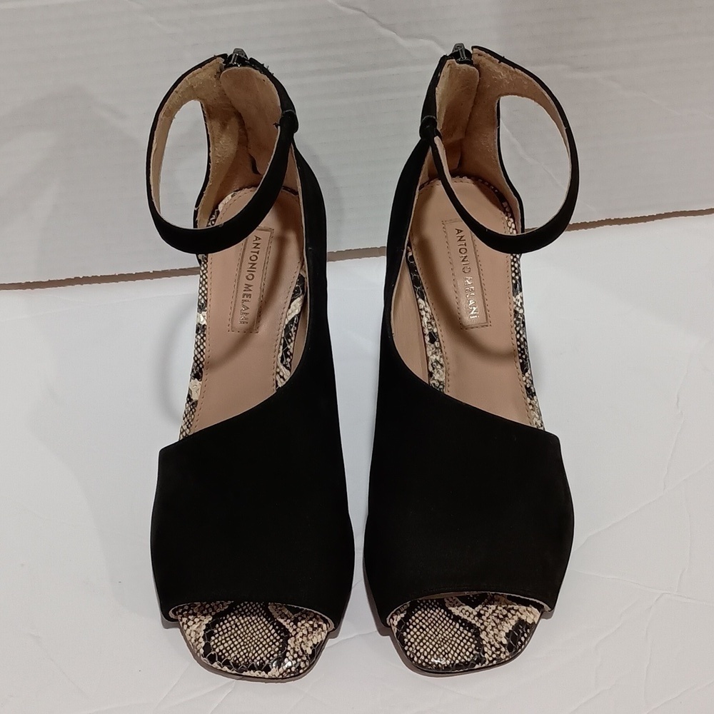 Antonio Melani Leather Open Toe Black Snake Skin Heels EUC